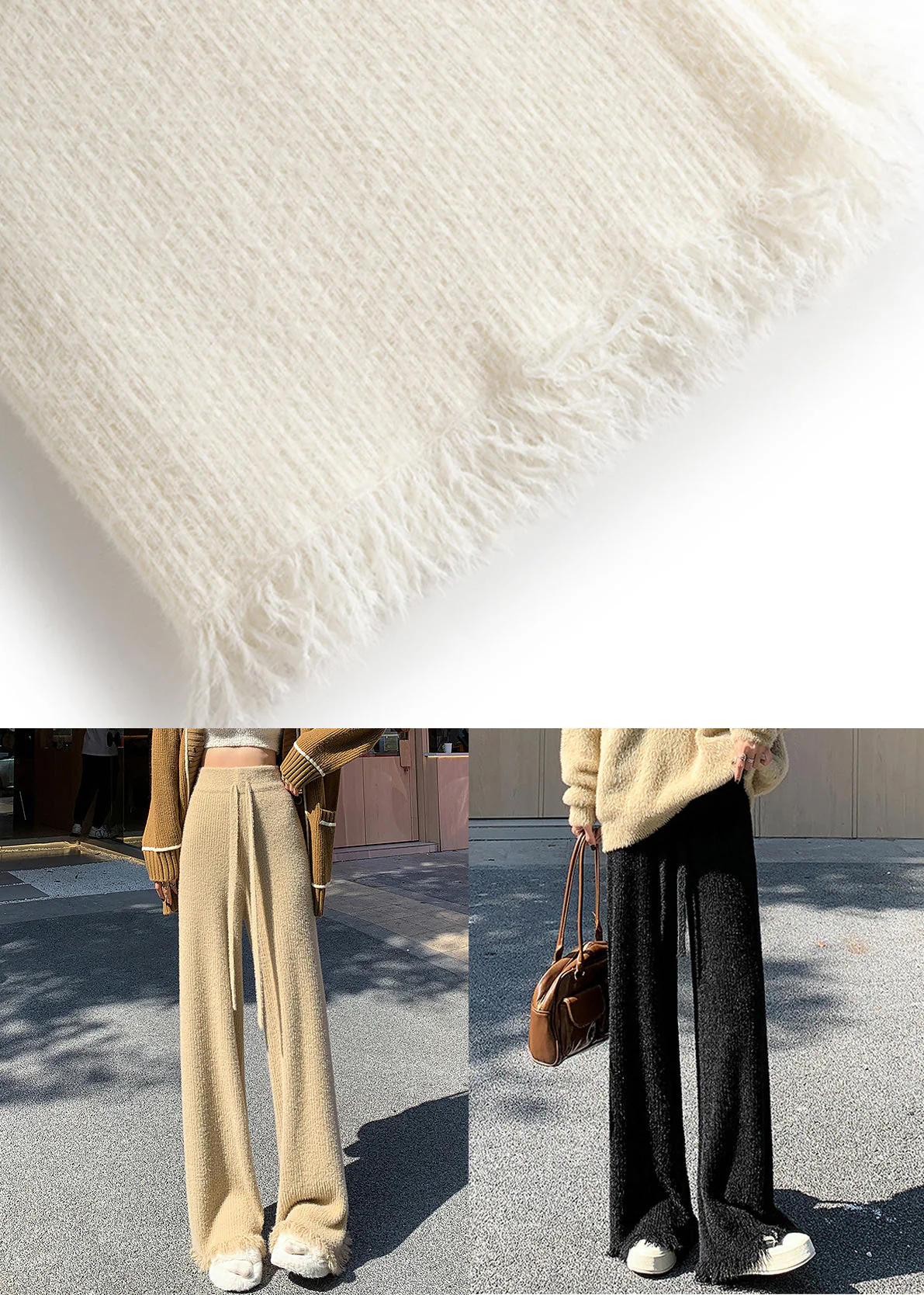 Women Black Raw Edge High Waist Mink Hair Knitted Pants - Image 5