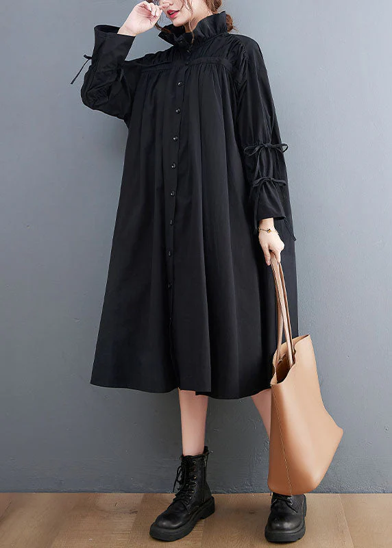 Women Black Ruffled Button Cotton Blouses Dresses Spring - Image 2