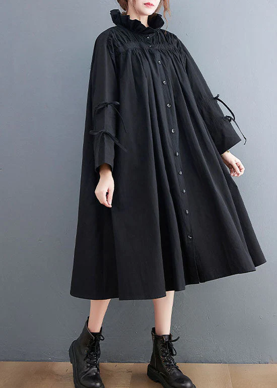 Women Black Ruffled Button Cotton Blouses Dresses Spring - Image 3