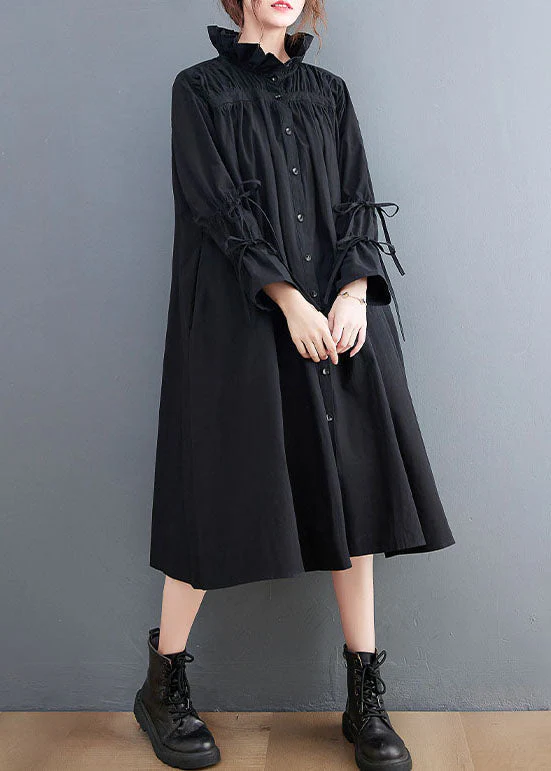 Women Black Ruffled Button Cotton Blouses Dresses Spring - Image 4