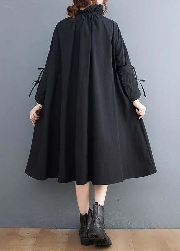 Women Black Ruffled Button Cotton Blouses Dresses Spring - Image 5