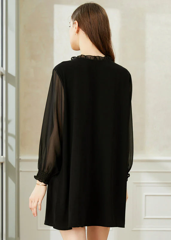 Women Black Ruffled Print Chiffon Holiday Dress Spring - Image 3