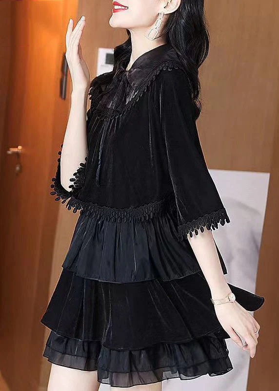 Women Black Ruffled Tasseled Patchwork Velour Mid Dress Fall - Image 3