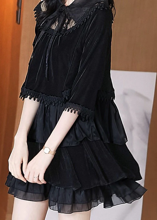 Women Black Ruffled Tasseled Patchwork Velour Mid Dress Fall - Image 4