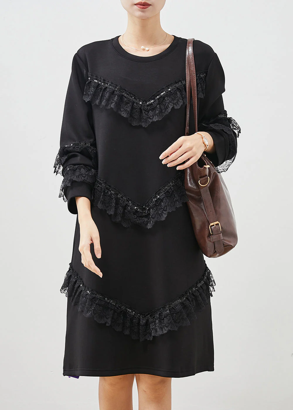 Women Black Ruffles Patchwork Cotton Sweatshirts Dress Spring - Image 2