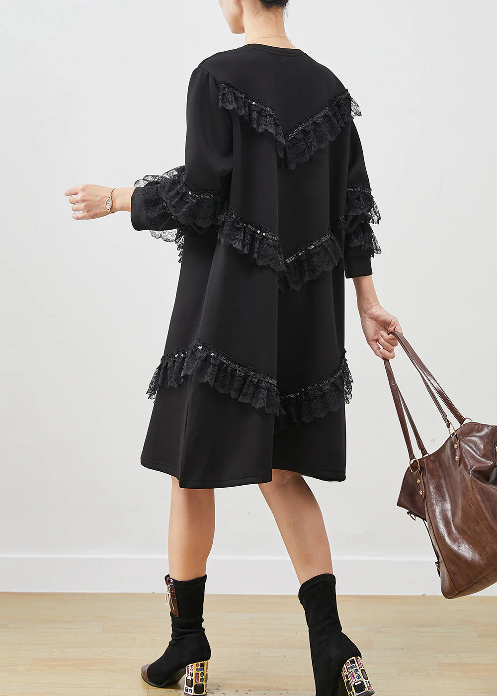 Women Black Ruffles Patchwork Cotton Sweatshirts Dress Spring - Image 4