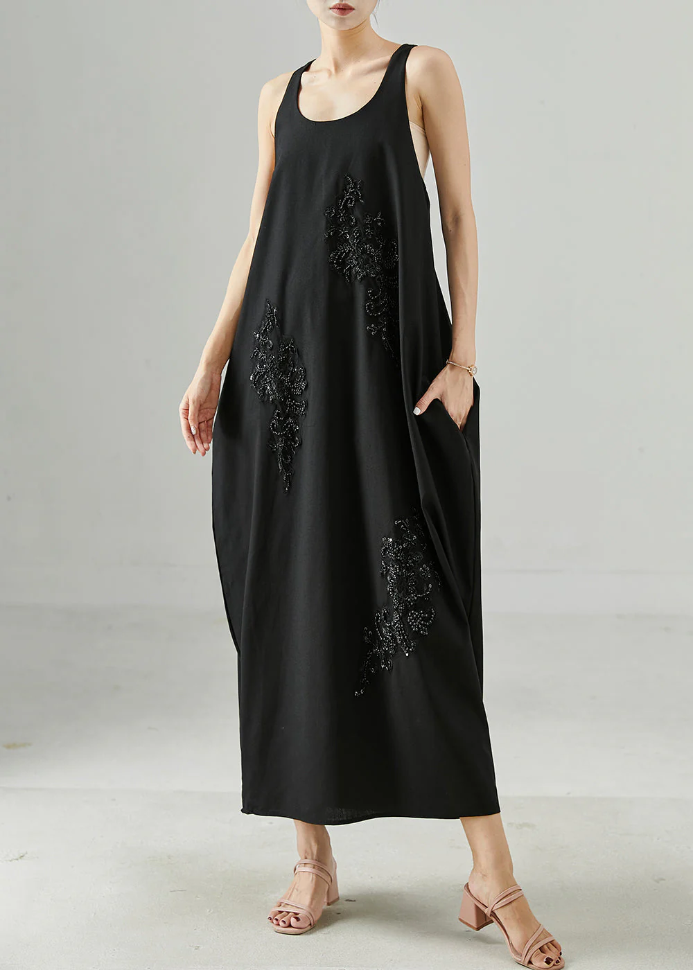 Women Black Sequins Nail Bead Cotton Cami Dresses Summer
