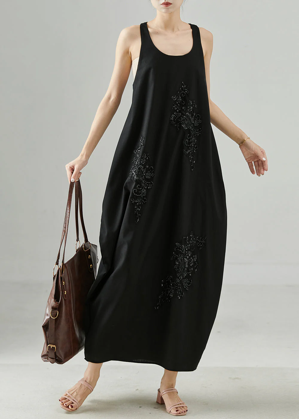 Women Black Sequins Nail Bead Cotton Cami Dresses Summer - Image 2