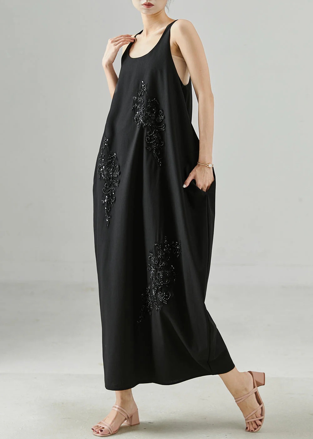Women Black Sequins Nail Bead Cotton Cami Dresses Summer - Image 3