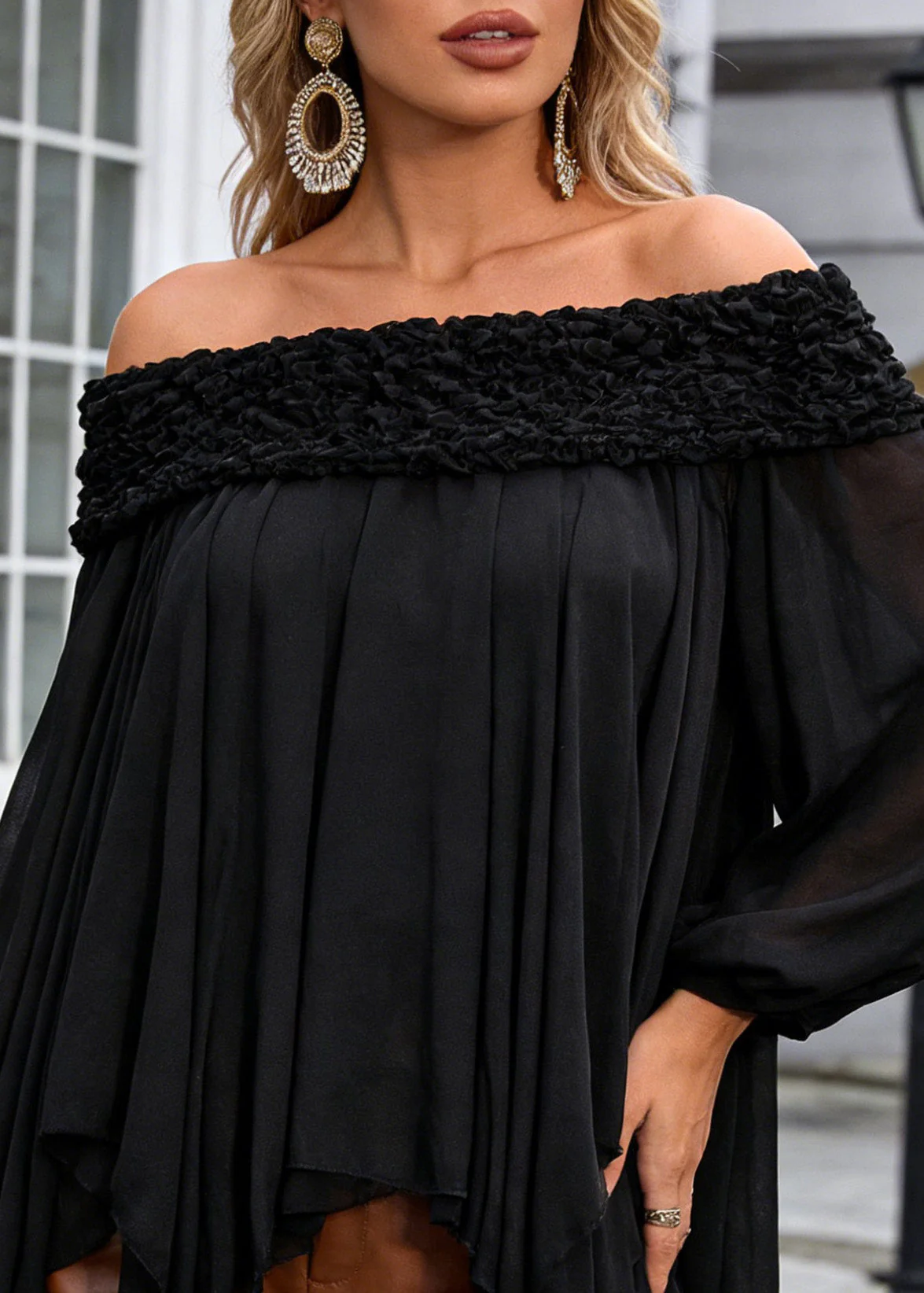 Women Black Slash Neck Asymmetrical Chiffon Shirt Spring - Image 2