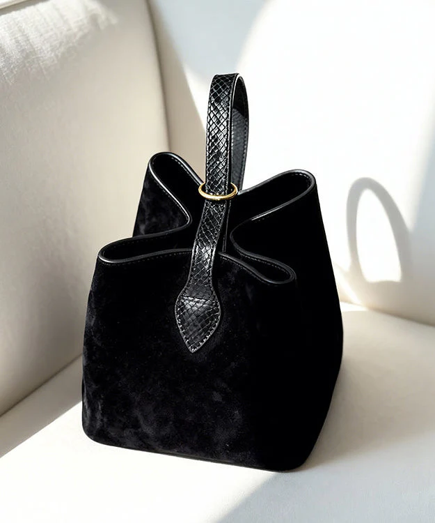 Women Black Solid Durable Fine Suede Bucket Bag - Image 2