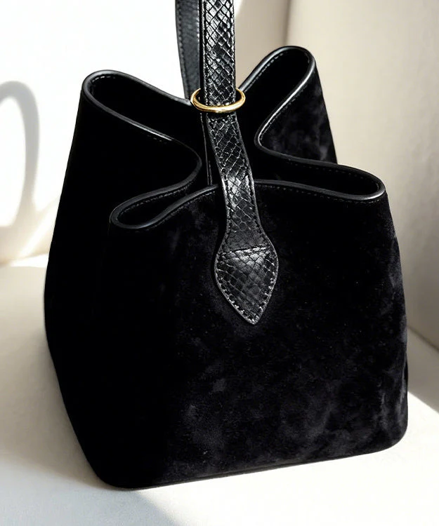 Women Black Solid Durable Fine Suede Bucket Bag - Image 4