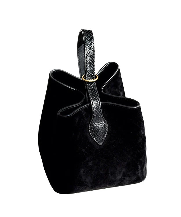 Women Black Solid Durable Fine Suede Bucket Bag - Image 5