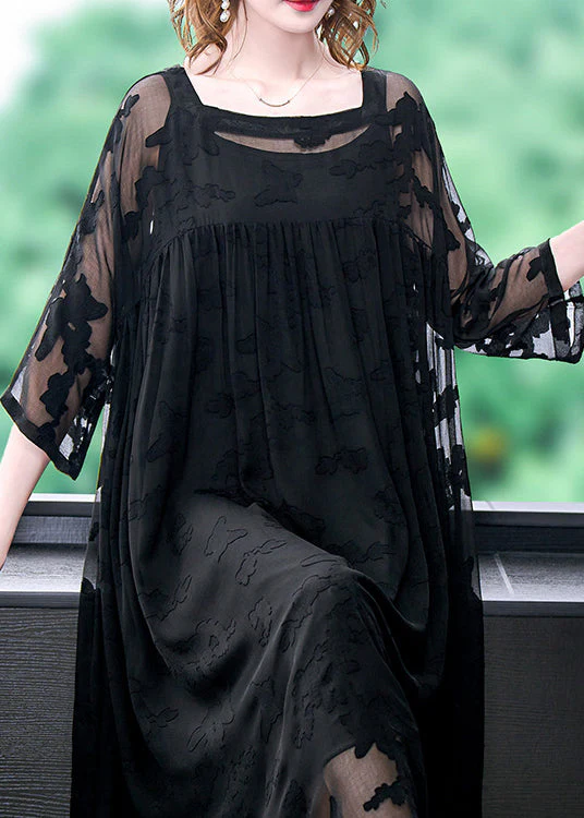Women Black Square Collar Embroideried Chiffon Dress Two Pieces Set Summer - Image 4
