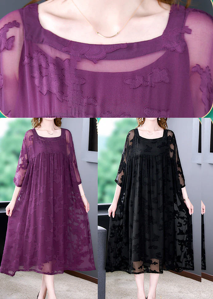 Women Black Square Collar Embroideried Chiffon Dress Two Pieces Set Summer - Image 5