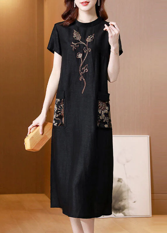 Women Black Stand Collar Embroideried Pockets Silk Dresses Summer - Image 2