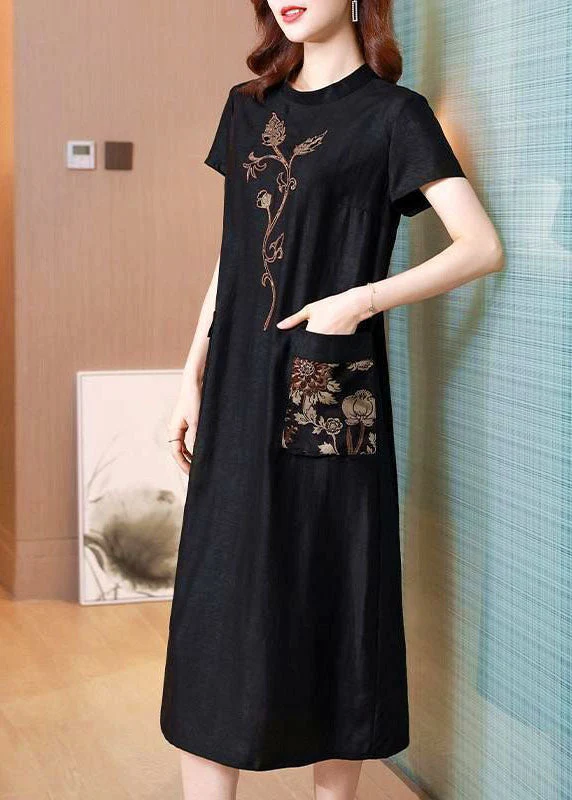 Women Black Stand Collar Embroideried Pockets Silk Dresses Summer - Image 3