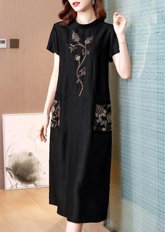 Women Black Stand Collar Embroideried Pockets Silk Dresses Summer - Image 4