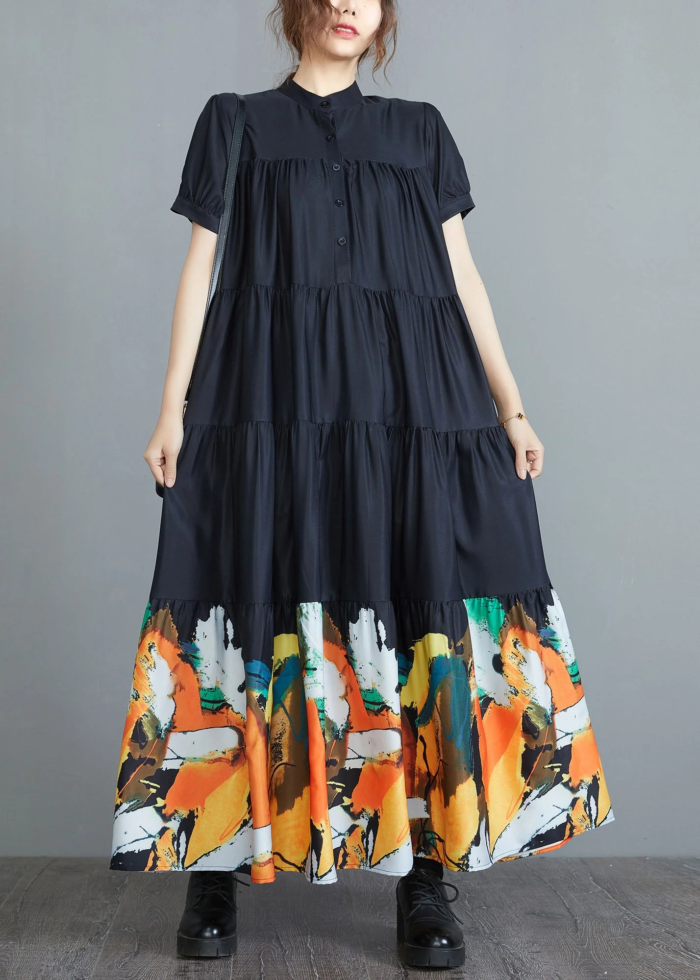 Women Black Stand Collar Patchwork Print Cotton Pleated Shirt Dress Short Sleeve - Image 2
