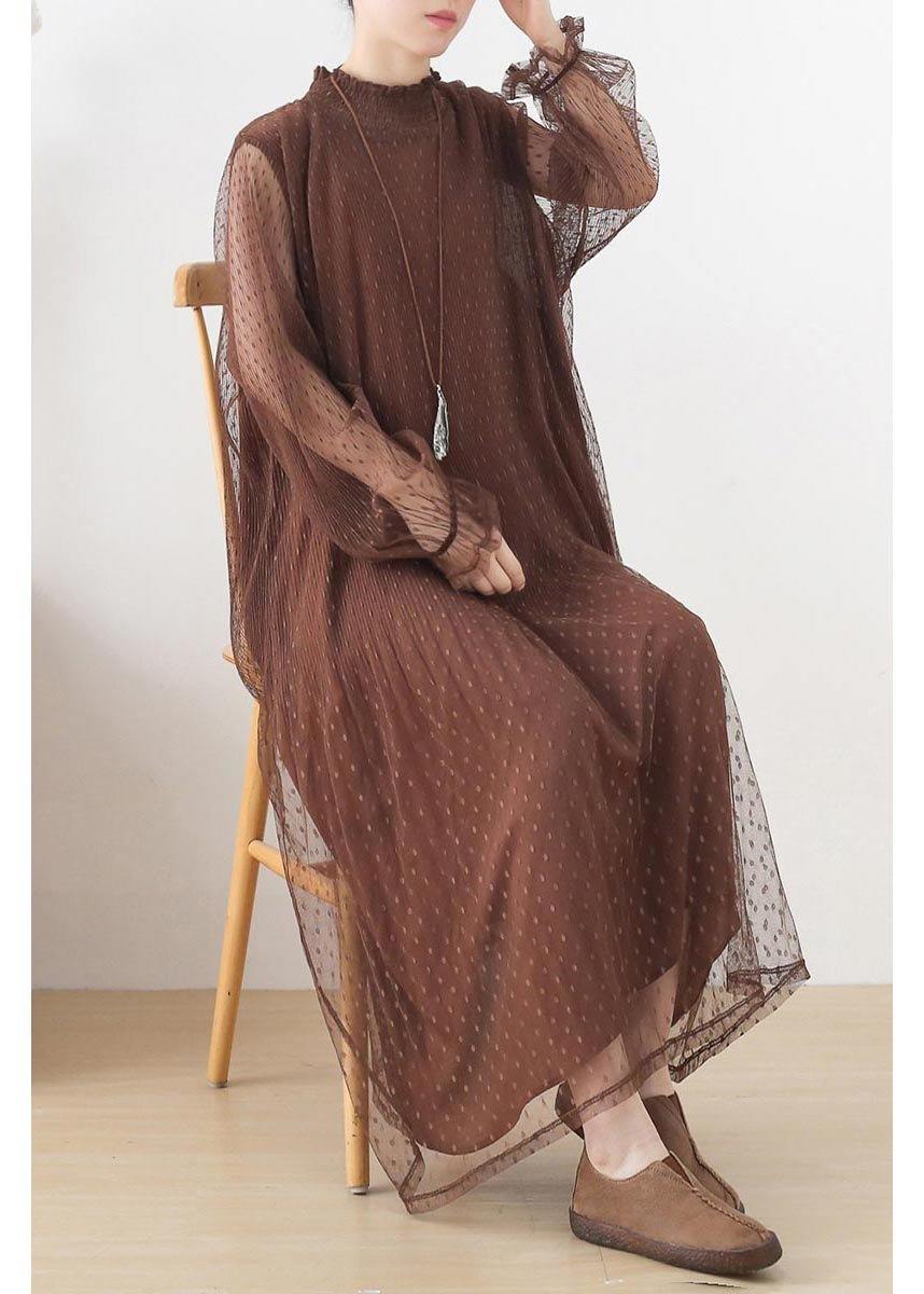 Women Black Stand Long sleeve Ankle Summer Chiffon Dress - Image 2