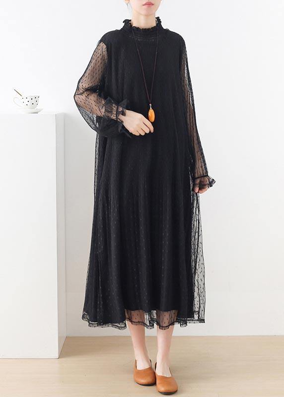 Women Black Stand Long sleeve Ankle Summer Chiffon Dress - Image 3