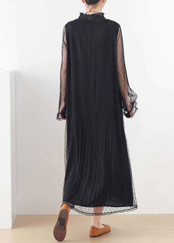 Women Black Stand Long sleeve Ankle Summer Chiffon Dress - Image 4