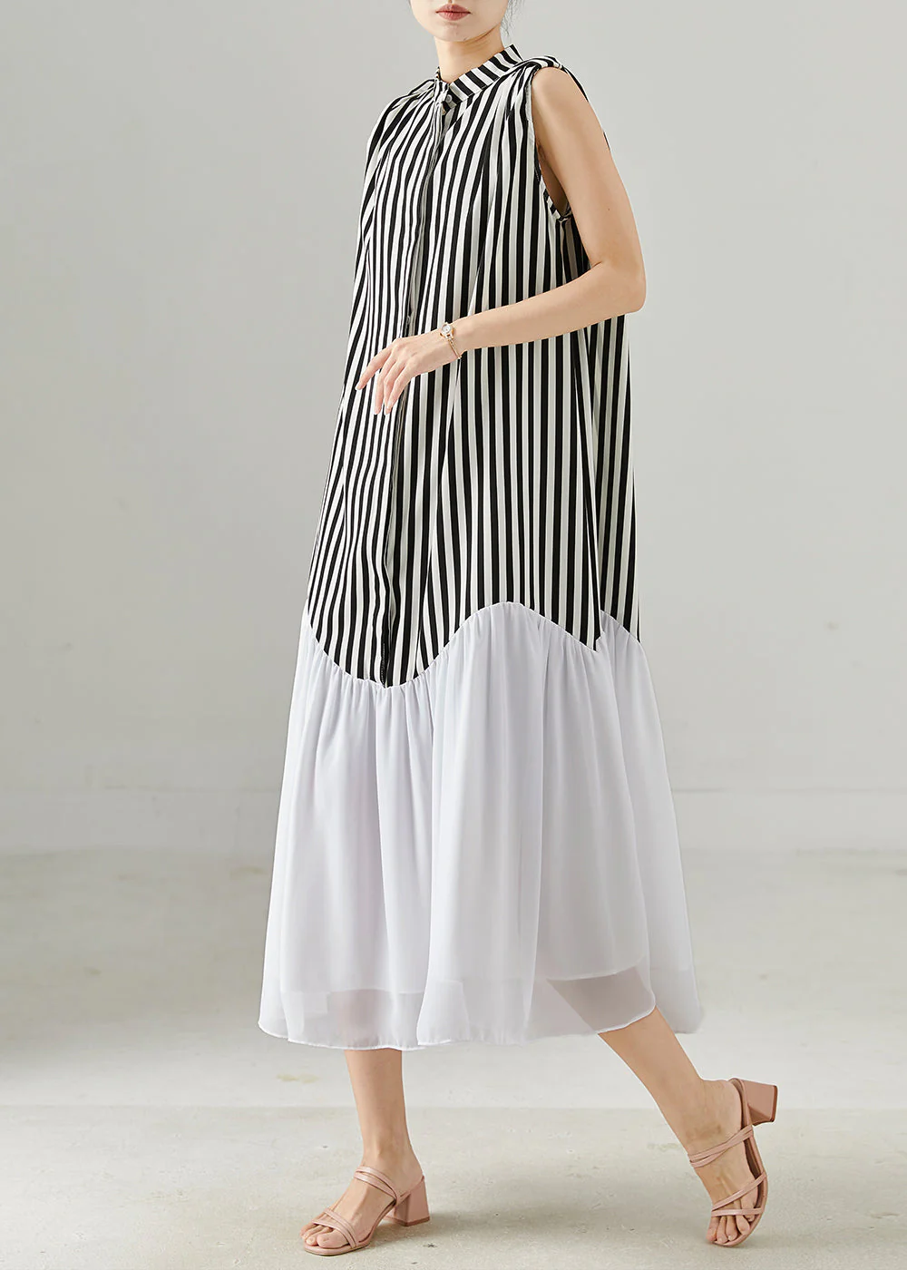 Women Black Striped Patchwork Chiffon Holiday Dress Sleeveless - Image 2