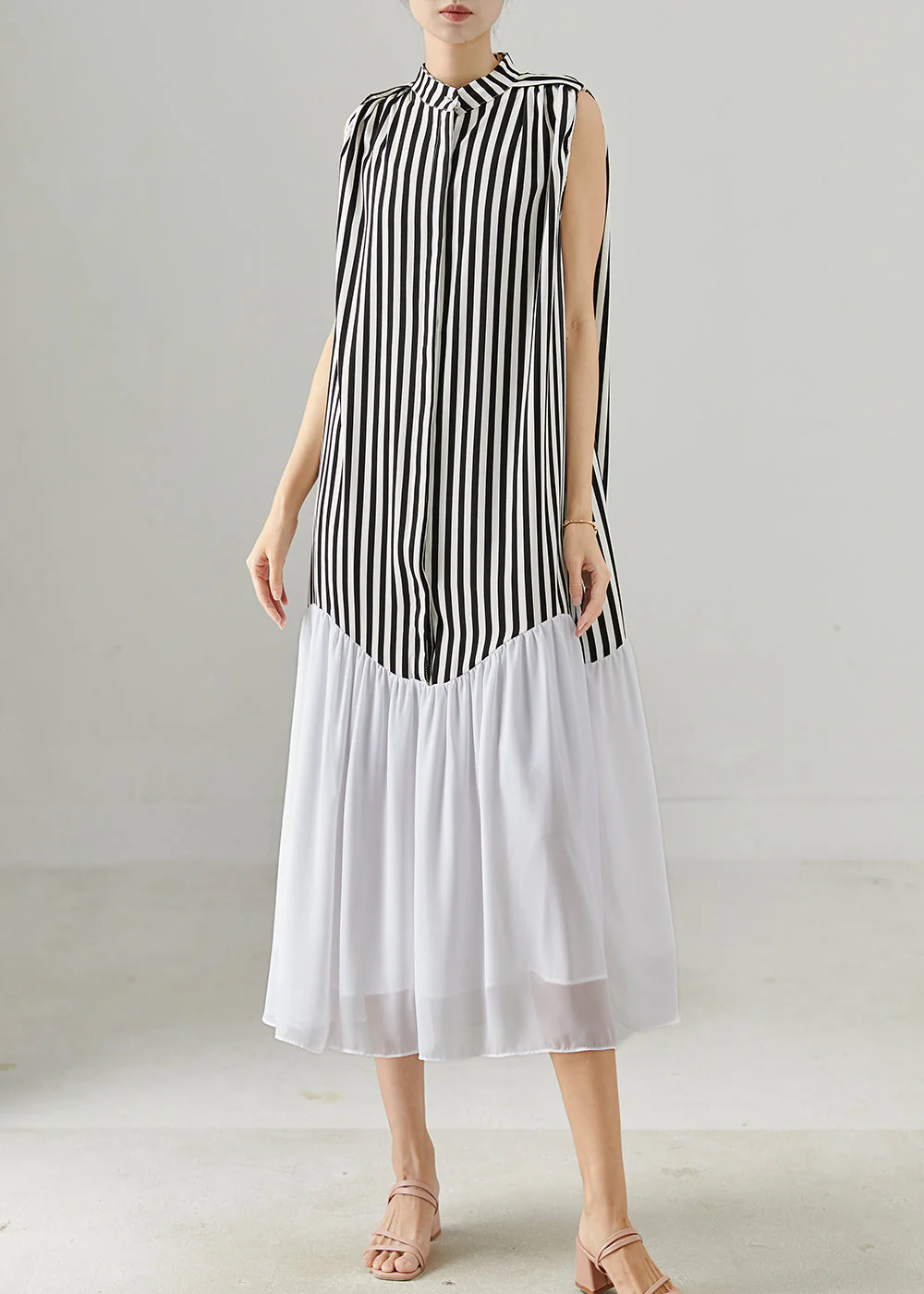 Women Black Striped Patchwork Chiffon Holiday Dress Sleeveless - Image 3