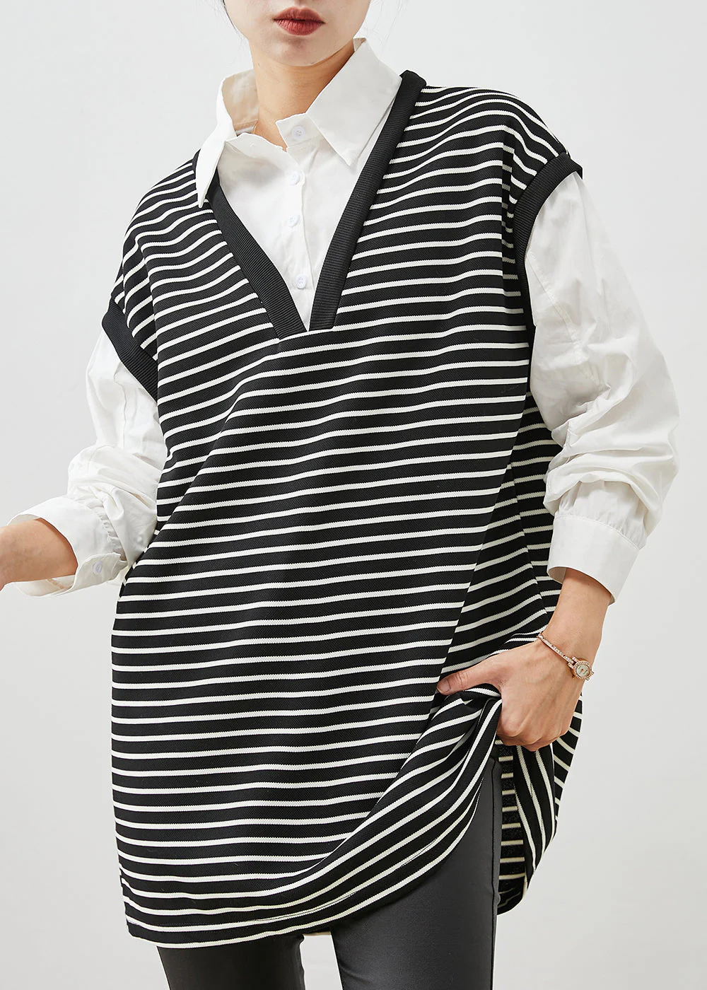 Women Black Striped Patchwork Cotton Shirt Dress Spring - Image 2