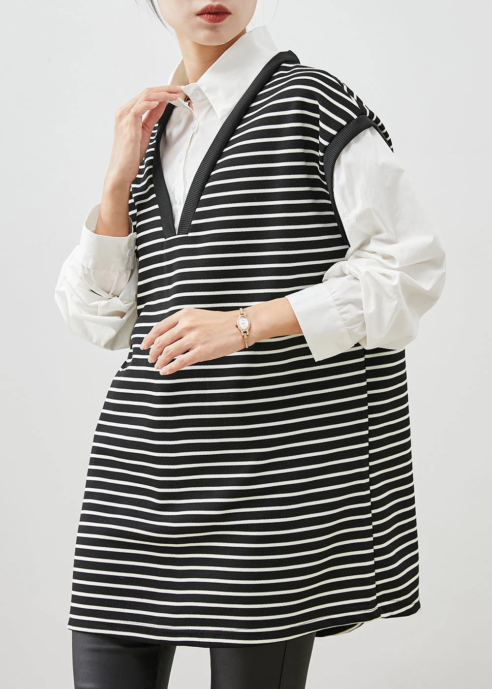 Women Black Striped Patchwork Cotton Shirt Dress Spring - Image 3