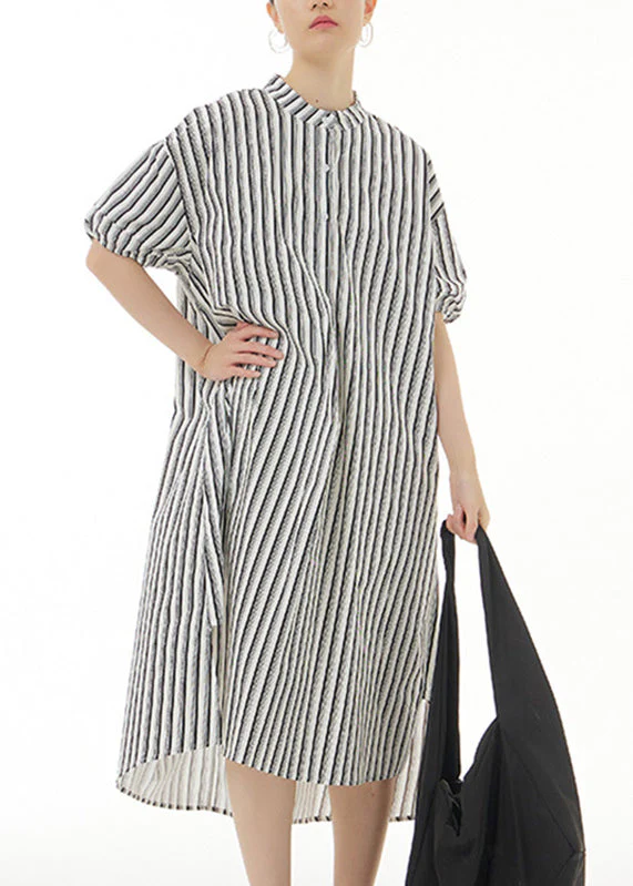 Women Black Striped Side Open Cotton Vacation Long Shirt Dresses Summer - Image 3