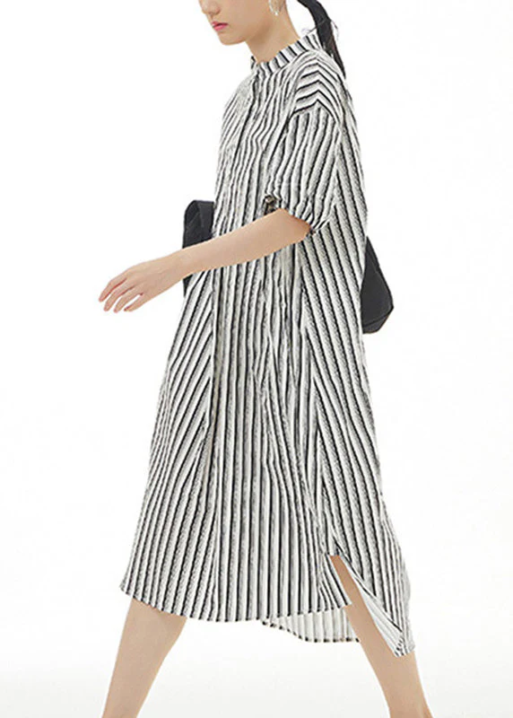 Women Black Striped Side Open Cotton Vacation Long Shirt Dresses Summer - Image 4