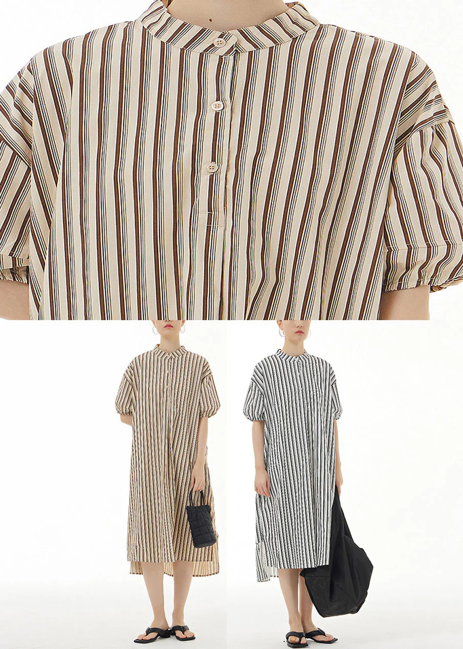 Women Black Striped Side Open Cotton Vacation Long Shirt Dresses Summer - Image 5