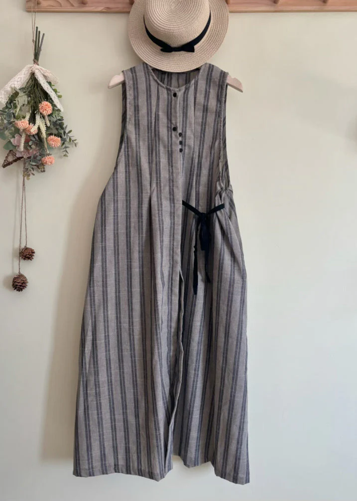 Women Black Striped Tie Waist Long Vest Dress Summer - Image 2