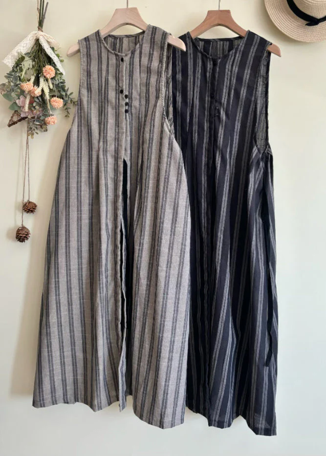 Women Black Striped Tie Waist Long Vest Dress Summer - Image 3