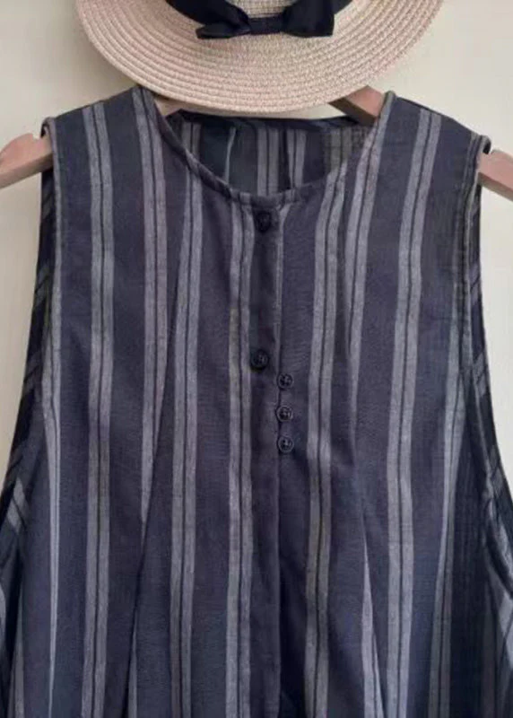 Women Black Striped Tie Waist Long Vest Dress Summer - Image 4
