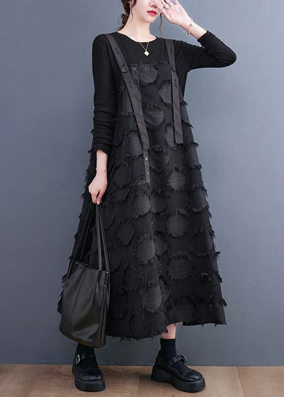 Women Black Tasseled Cotton Holiday Strap Dress Summer - Image 2