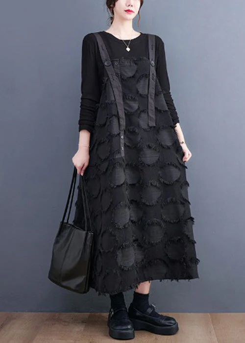 Women Black Tasseled Cotton Holiday Strap Dress Summer - Image 3
