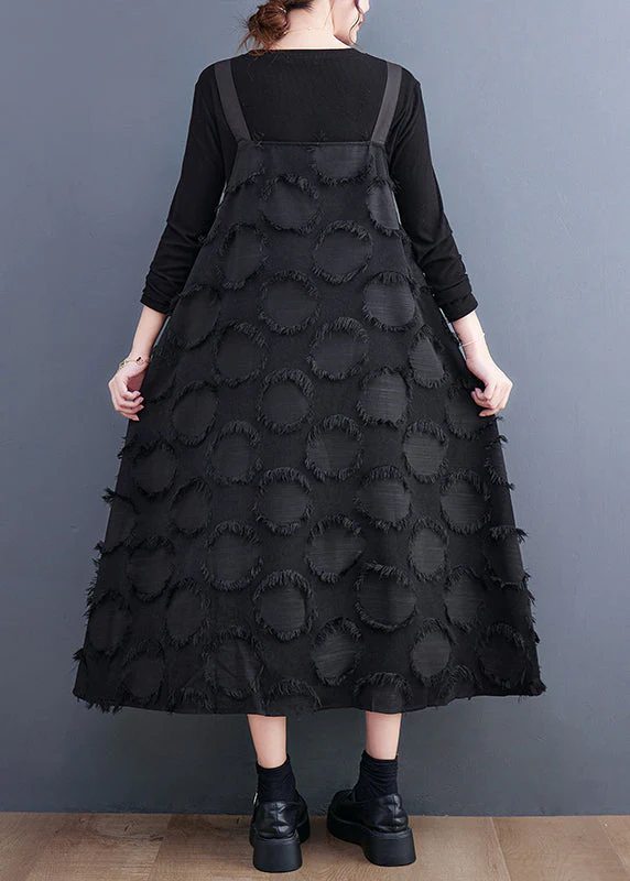Women Black Tasseled Cotton Holiday Strap Dress Summer - Image 4
