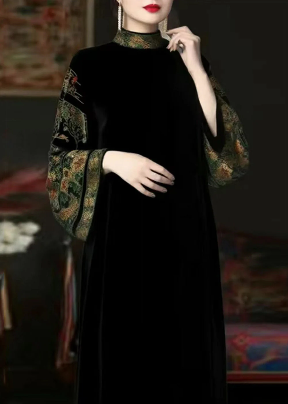 Women Black Turtleneck Print Patchwork Silk Long Dresses Fall - Image 2