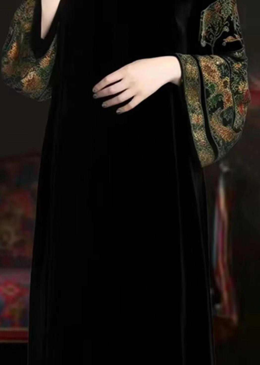 Women Black Turtleneck Print Patchwork Silk Long Dresses Fall - Image 4