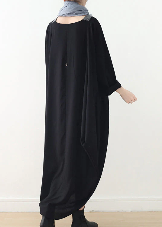 Women Black V Neck Asymmetrical Low High Design Button Maxi Dress Fall - Image 4