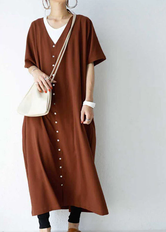 Women Black V Neck Button Maxi Dress Short Sleeve - Image 2