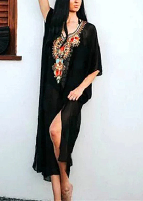 Women Black V Neck Embroideried Chiffon Long Beach Dresses Batwing Sleeve - Image 2