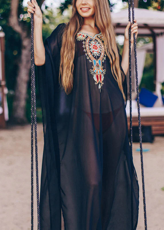 Women Black V Neck Embroideried Chiffon Long Beach Dresses Batwing Sleeve - Image 3