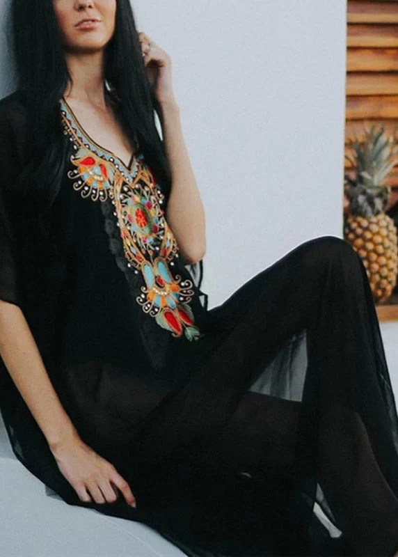 Women Black V Neck Embroideried Chiffon Long Beach Dresses Batwing Sleeve - Image 4