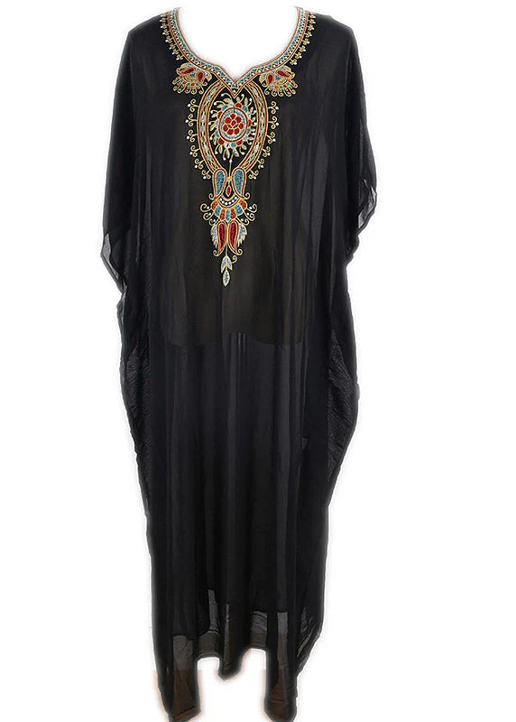 Women Black V Neck Embroideried Chiffon Long Beach Dresses Batwing Sleeve - Image 5