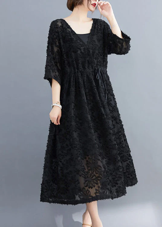 Women Black V Neck Floral Embroideried Dress Two Pieces Set Half Sleeve - Image 2