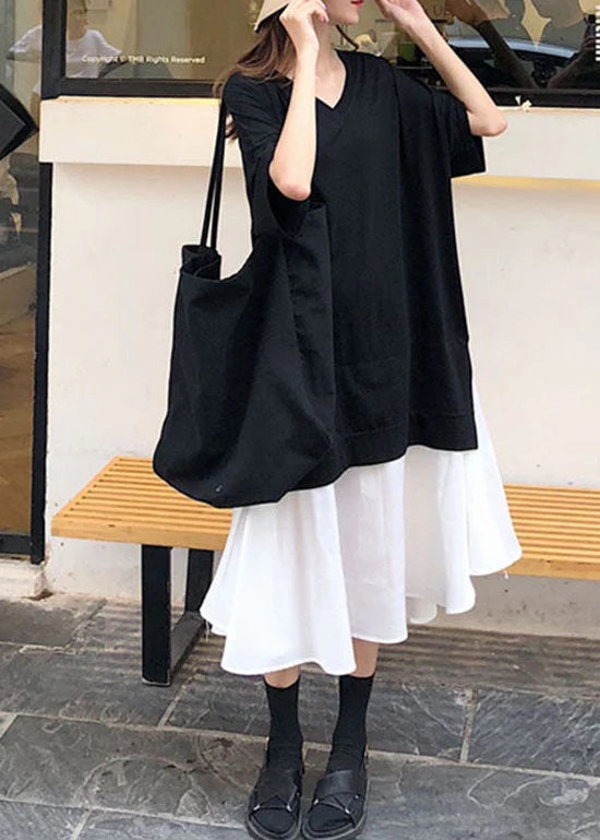 Women Black V Neck Patchwork Cotton Dress Short Sleeve - Image 2