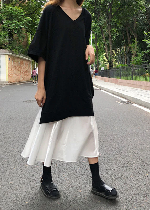 Women Black V Neck Patchwork Cotton Dress Short Sleeve - Image 3